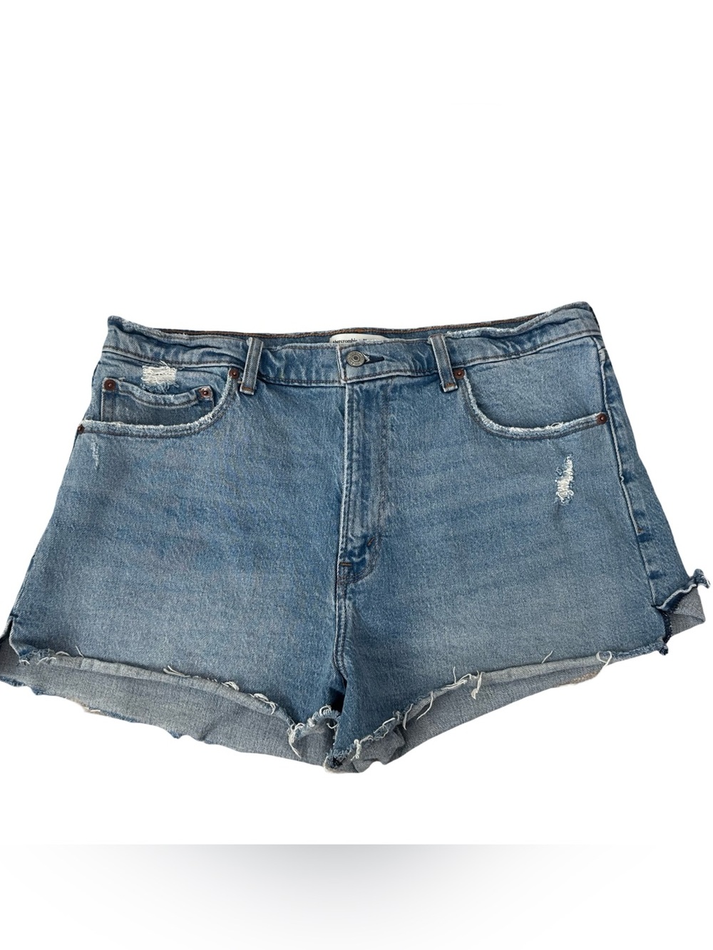 Abercrombie & Fitch The Mom Short High Rise Blue Distressed Denim Shorts